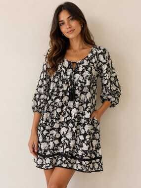 Studio Park Women’s Black White Floral Peasant Blouse Size Large Boho Top